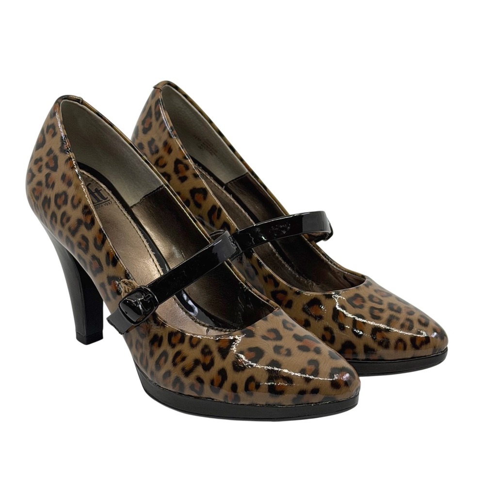 Sofft Leopard Print Mary Jane Platform Heels Black Patent Strap Women Size 8M